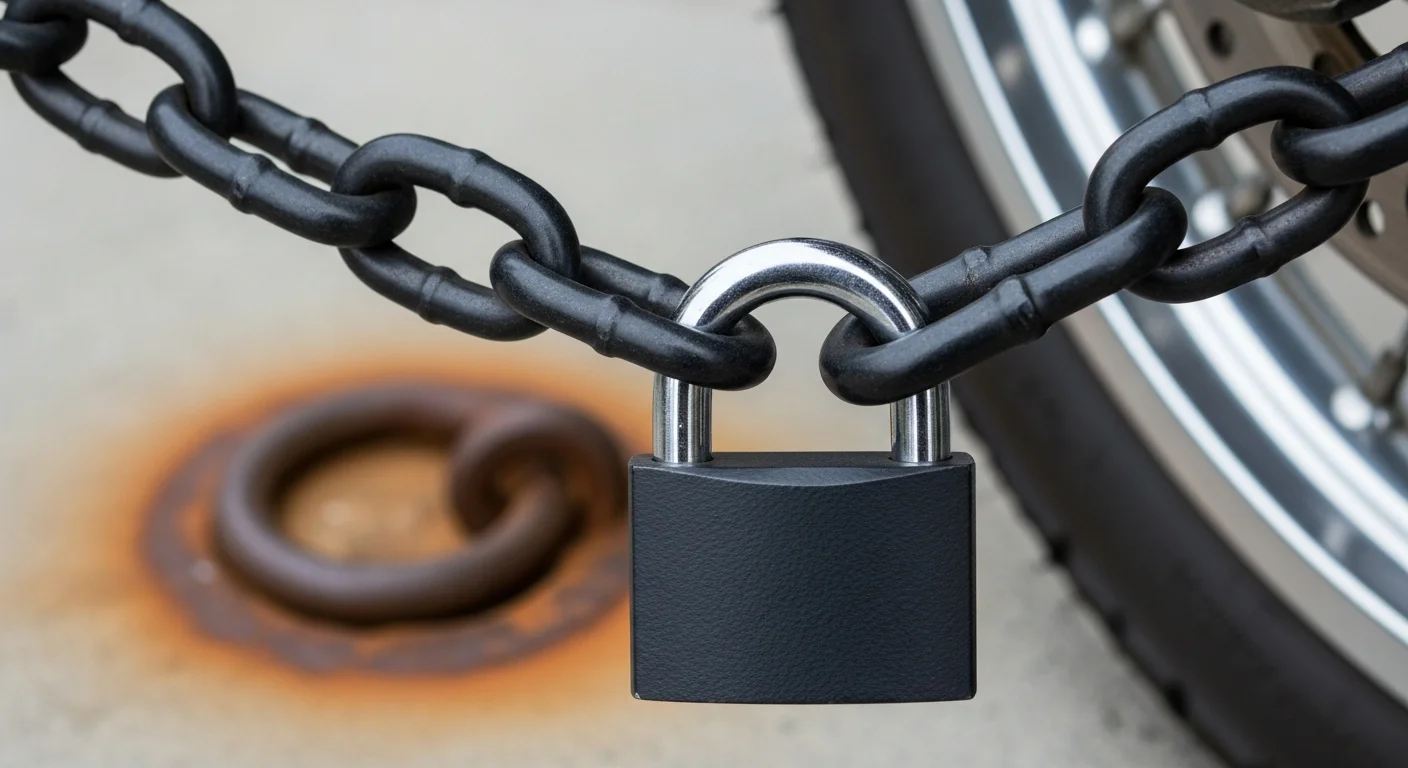 Chaîne antivol reliant une moto à un point d'ancrage fixe en zone urbaine