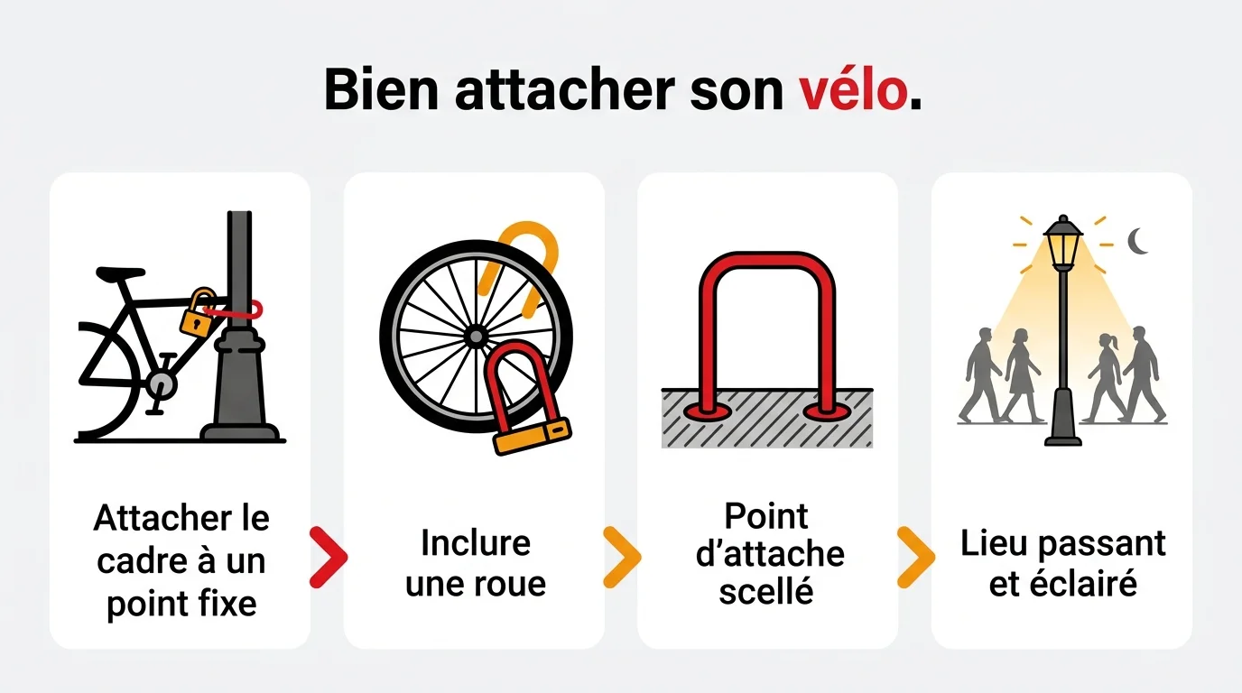 Bien attacher son vélo : cadre fixé à un point d'attache scellé
