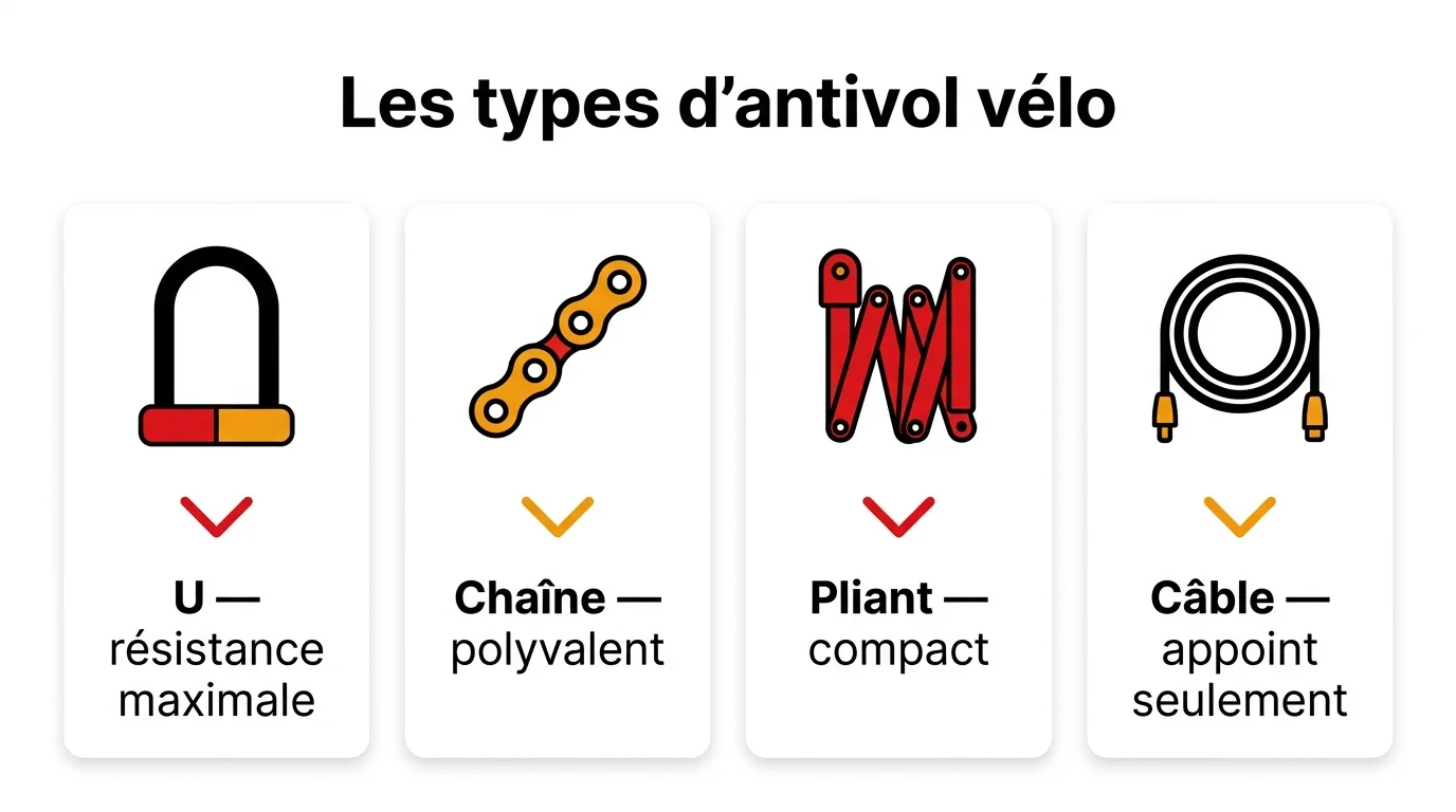 Les types d'antivol vélo comparés : U, chaîne, pliant et câble