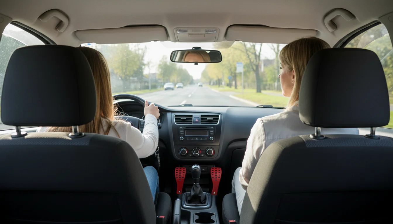 Leçon de conduite accompagnée avec un jeune conducteur au volant et un adulte superviseur côté passager