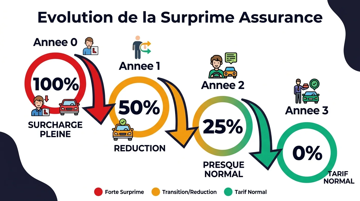 Infographie évolution de la surprime assurance jeune conducteur sur 3 ans avec pourcentages décroissants