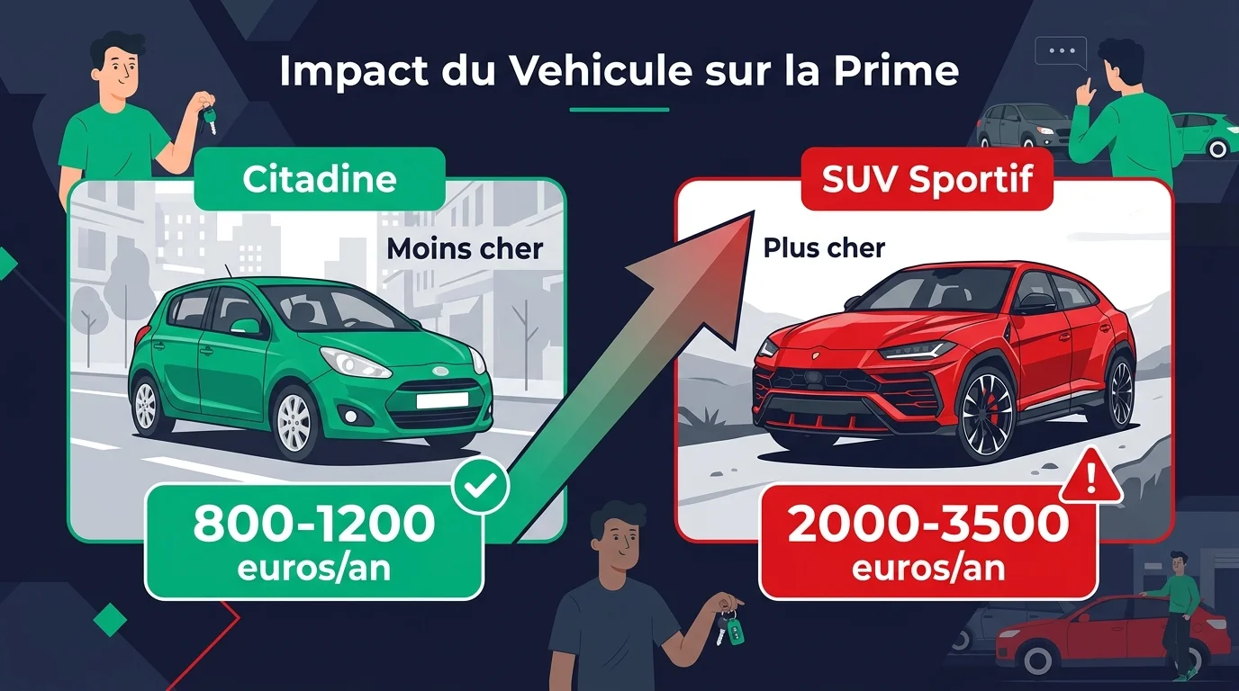 Infographie comparant le coût d'assurance entre une citadine et un SUV sportif pour jeune conducteur