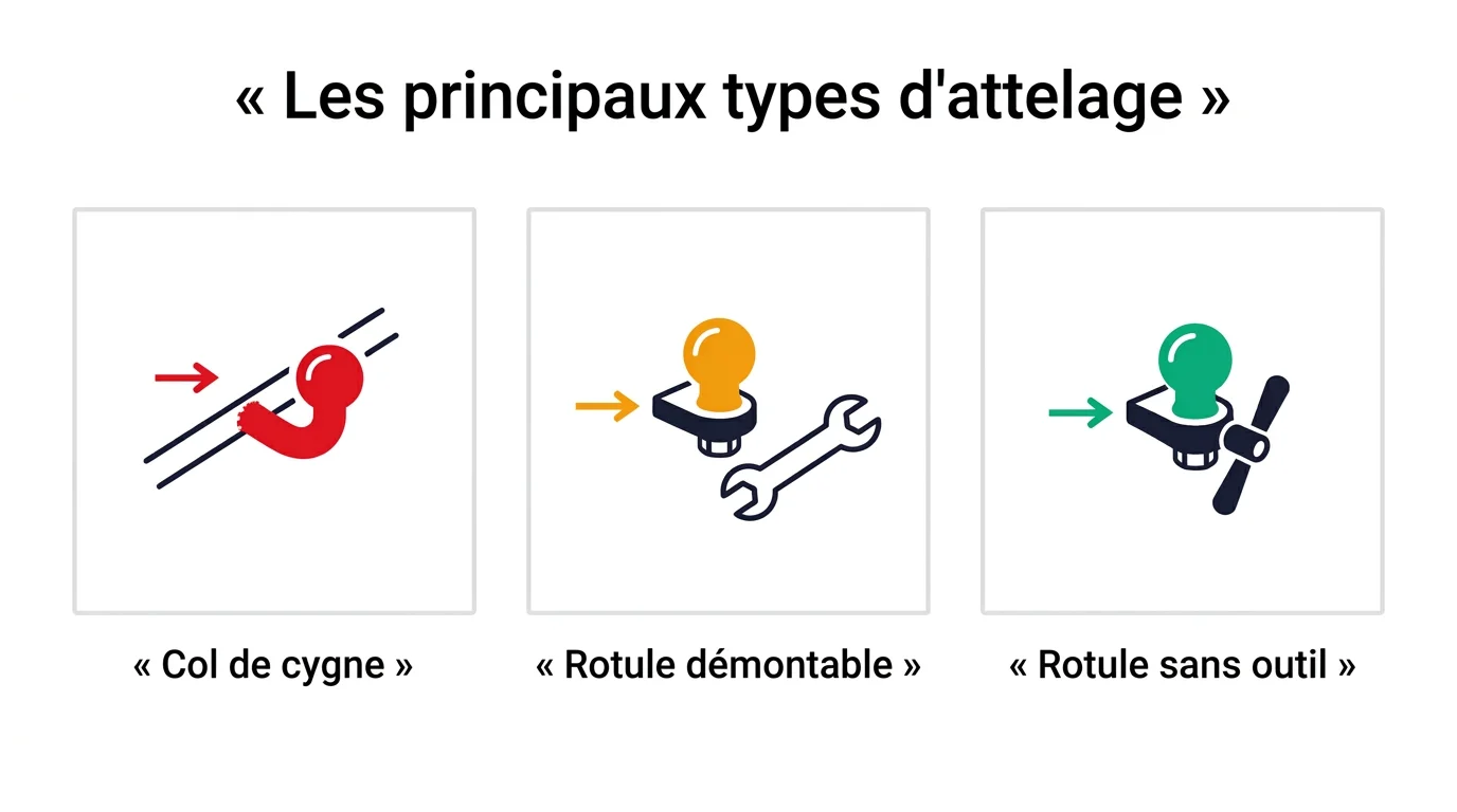 Les principaux types d'attelage : col de cygne, rotule démontable, rotule sans outil