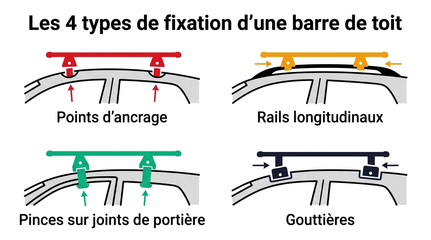 Les principaux systèmes de fixation de barres de toit : points d'ancrage, rails, rainure en T, toit nu et gouttières