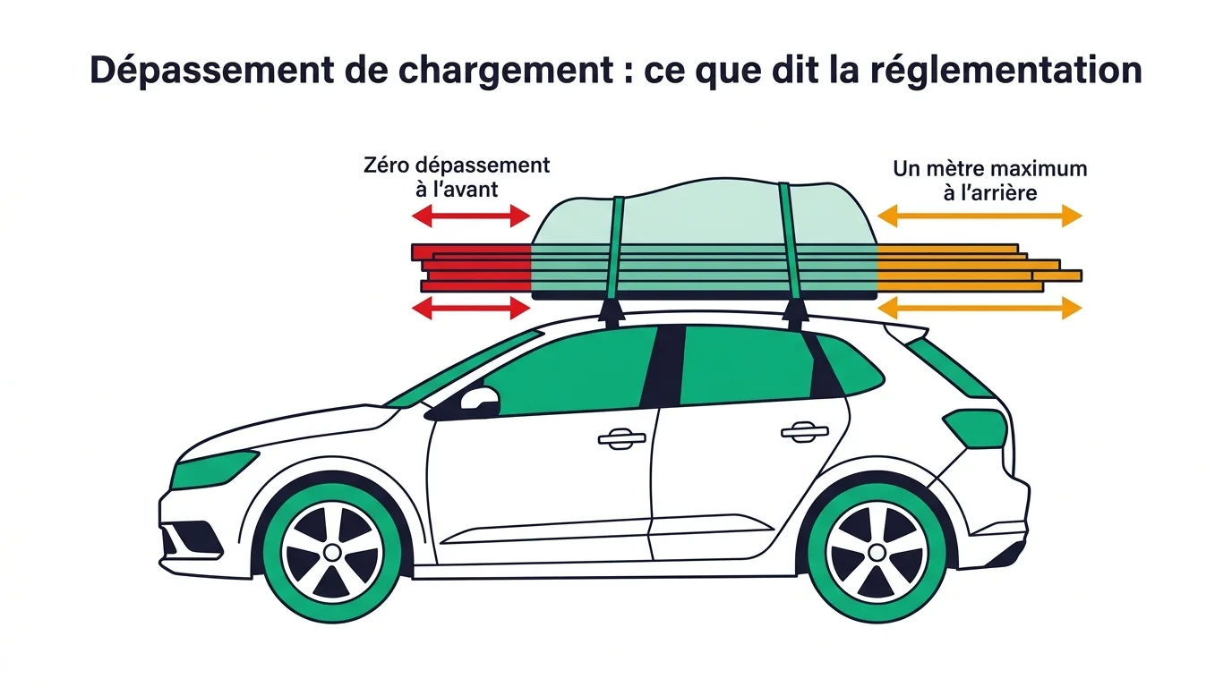 Règles de dépassement du chargement sur le toit : aucun dépassement à l'avant, un mètre maximum à l'arrière