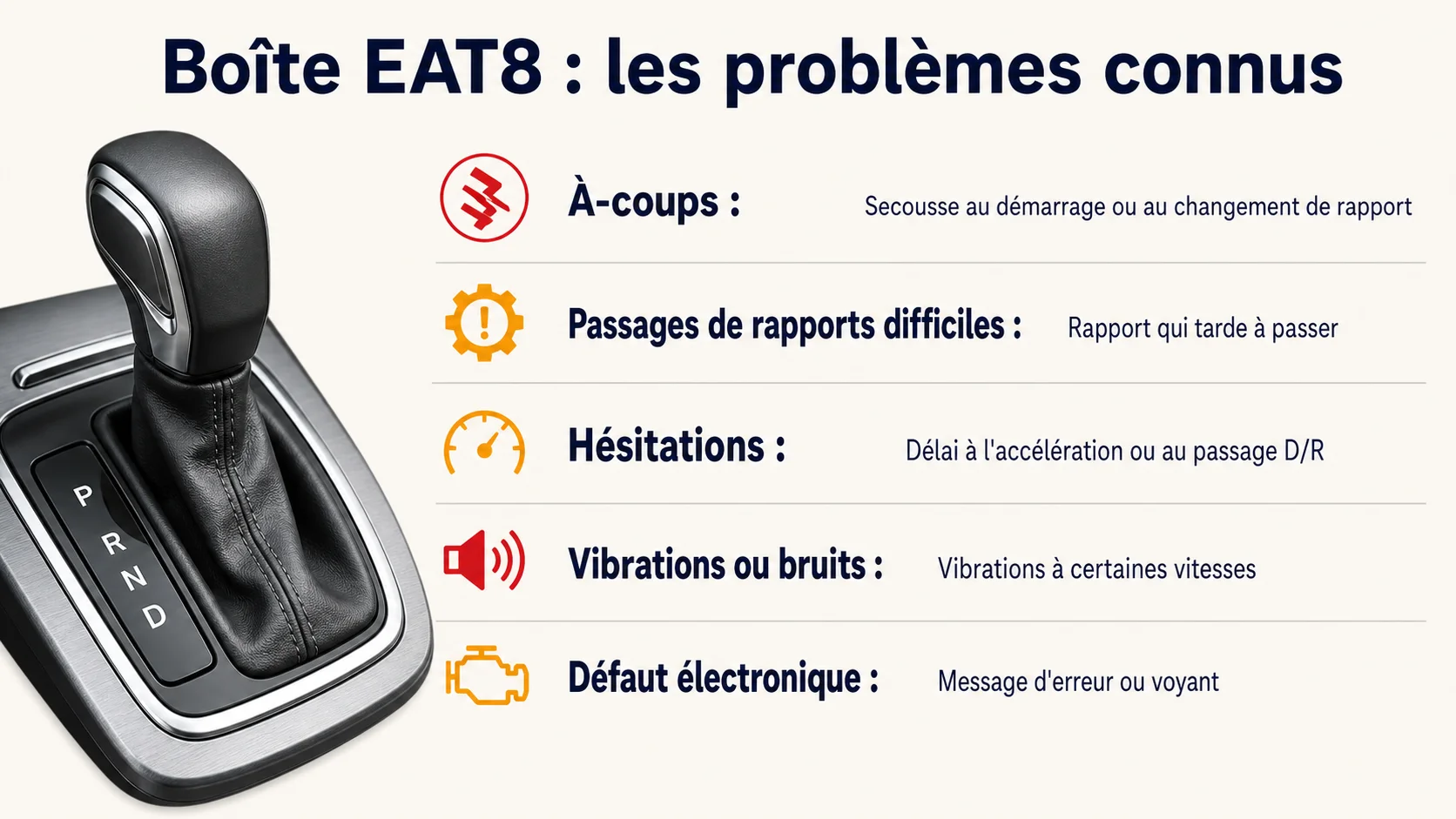 Infographie des problèmes connus de la boîte EAT8 : à-coups, passages difficiles, hésitations, vibrations, défaut électronique