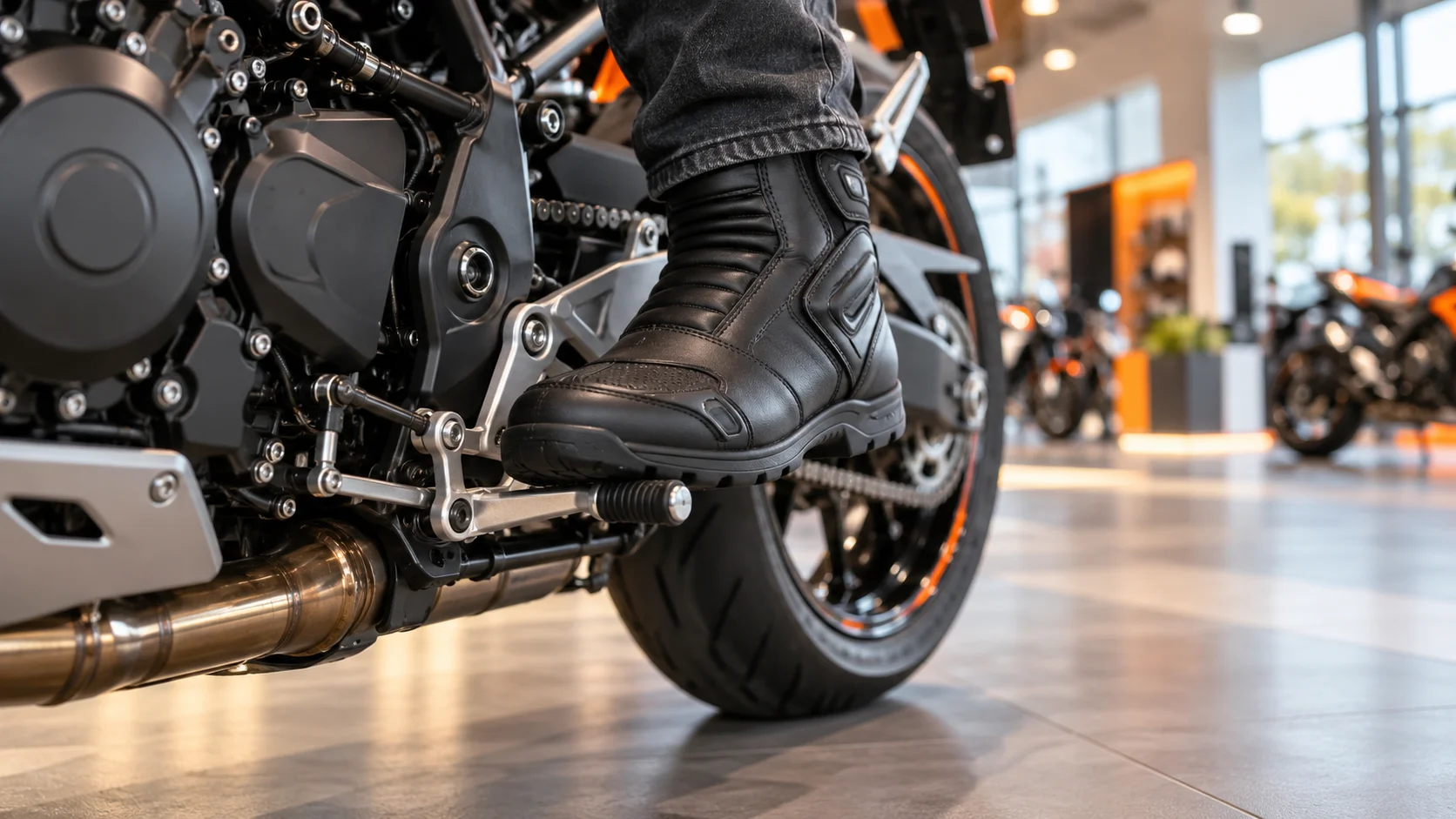Motard en magasin testant sa botte sur le repose-pied d'une moto, près du sélecteur de vitesse
