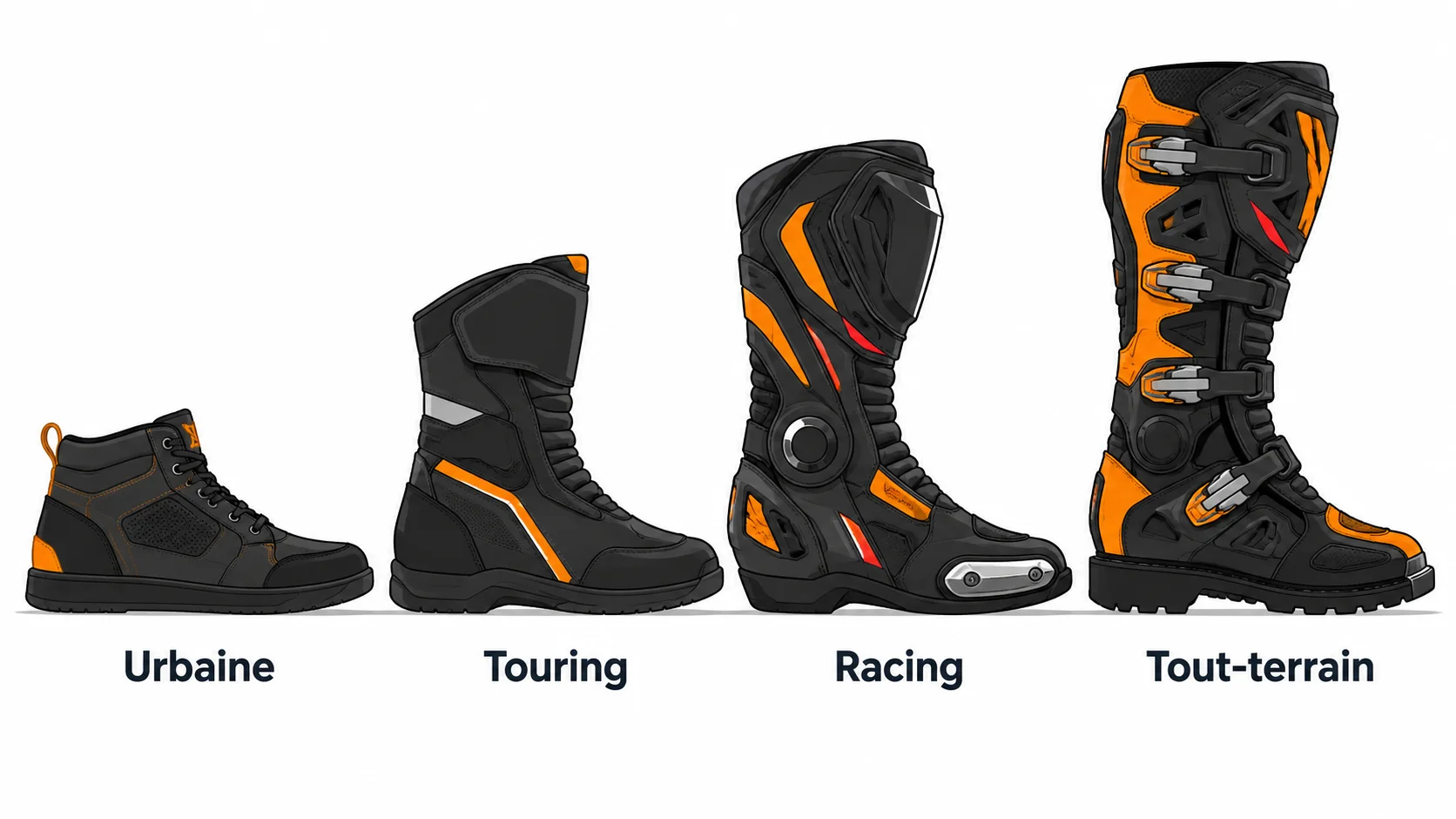 Quatre types de bottes moto de profil, de la plus basse à la plus haute : urbaine, touring, racing et tout-terrain