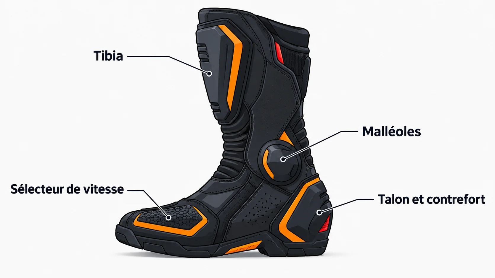 Schéma d'une botte moto montrant les zones de protection : tibia, malléoles, sélecteur de vitesse, talon et contrefort