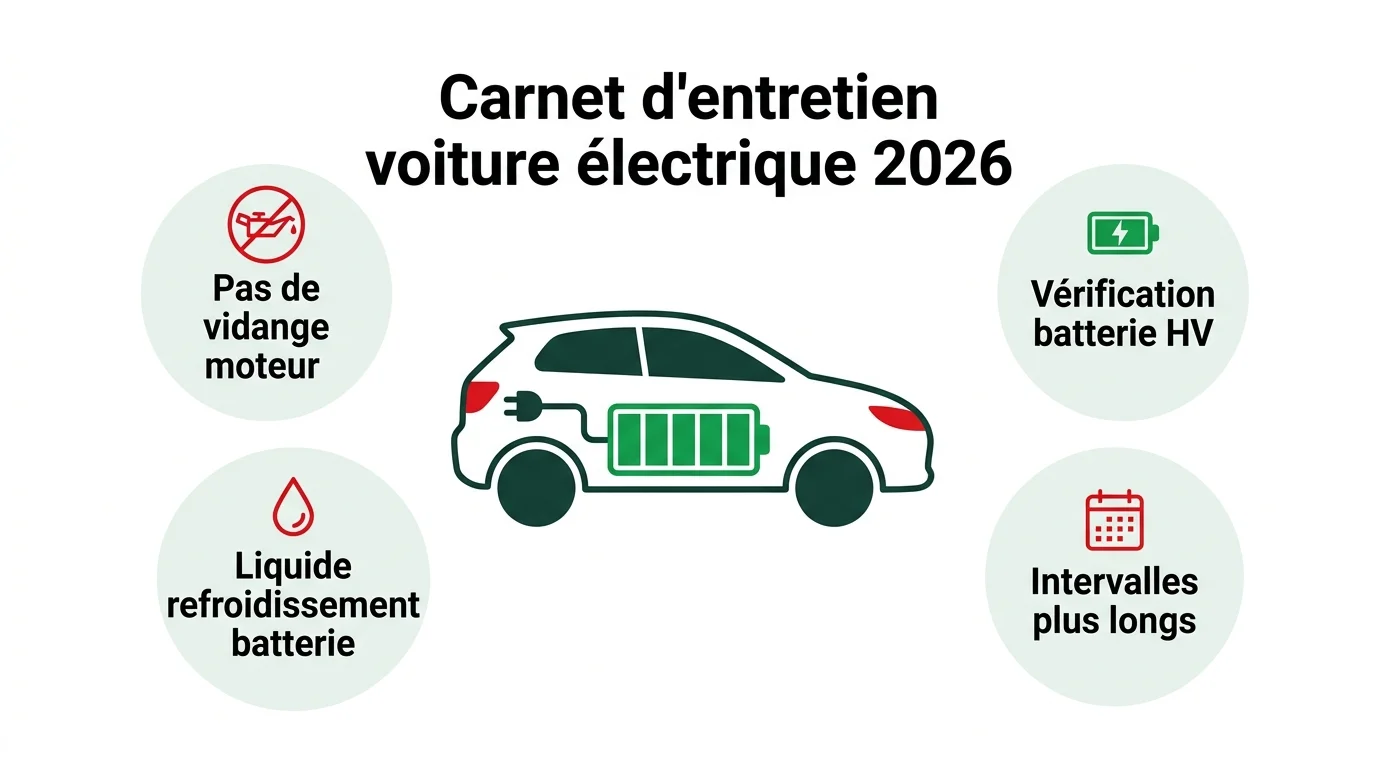 Specificites du carnet d'entretien d'une voiture electrique : batterie, pas de vidange moteur, intervalles plus longs