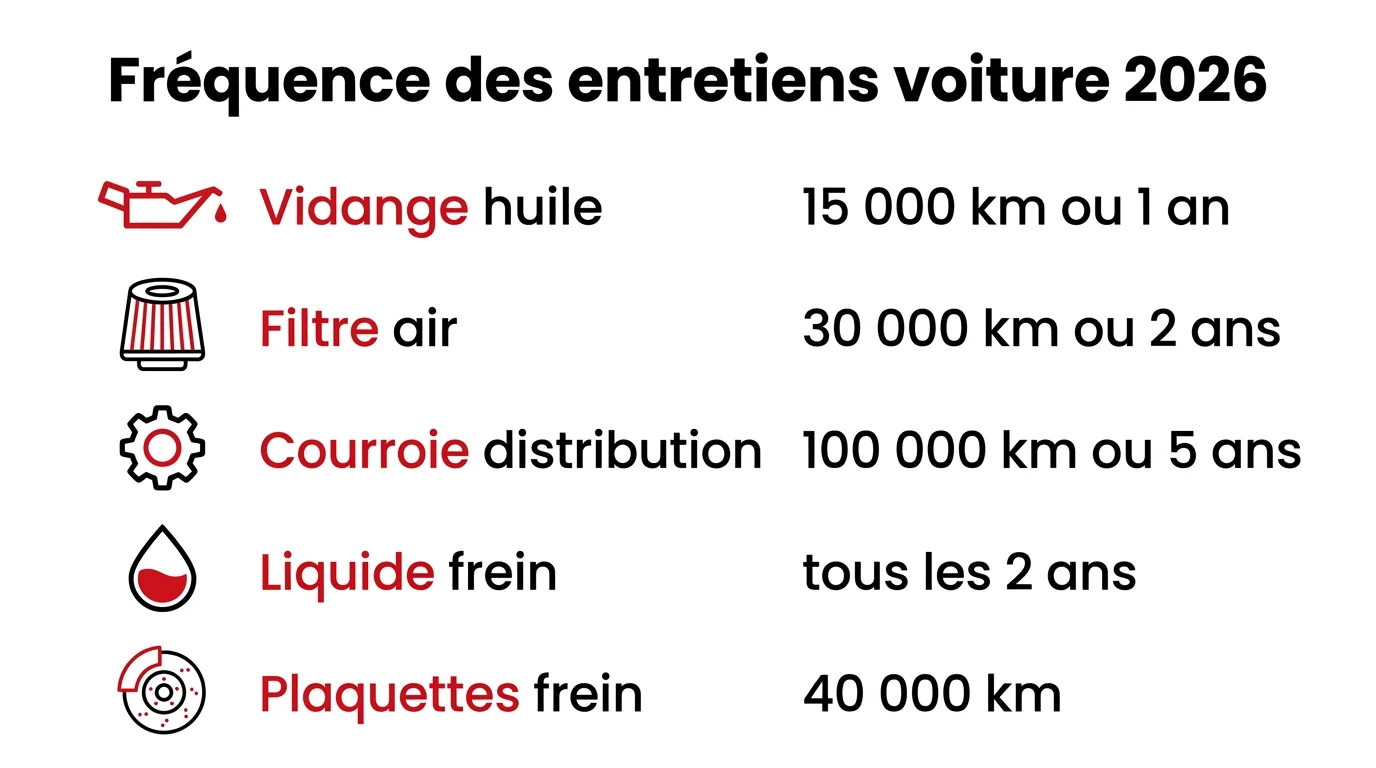 Infographie des frequences d'entretien d'une voiture : vidange, filtre, courroie, liquide de frein, plaquettes