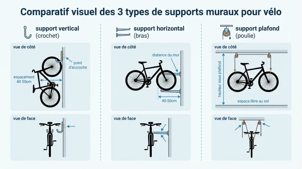 Comparatif visuel des 3 types de supports muraux pour vélo