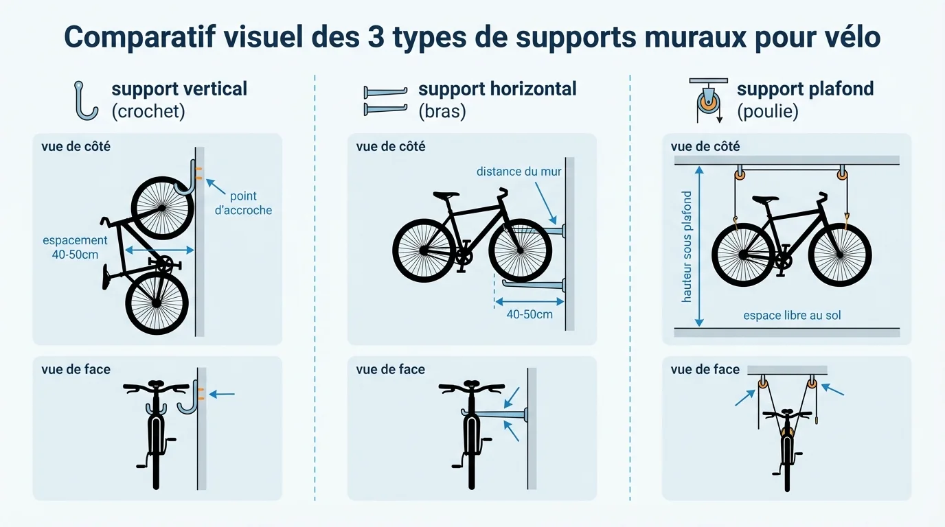 Comparatif visuel des 3 types de supports muraux pour vélo