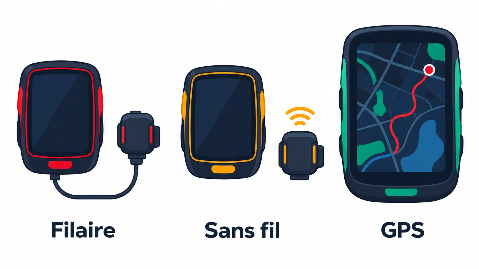 Trois familles de compteurs vélo : filaire avec câble, sans fil avec capteur, et GPS avec écran cartographique