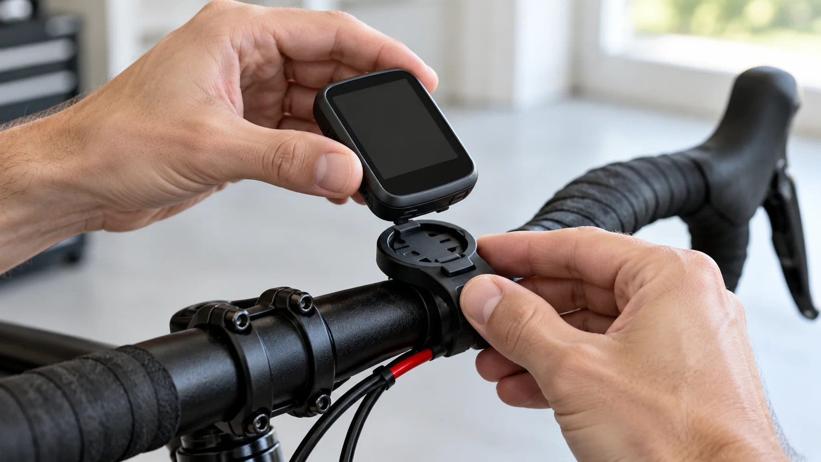 Deux mains fixent un compteur vélo sur son support au guidon d'un vélo de route dans un atelier lumineux