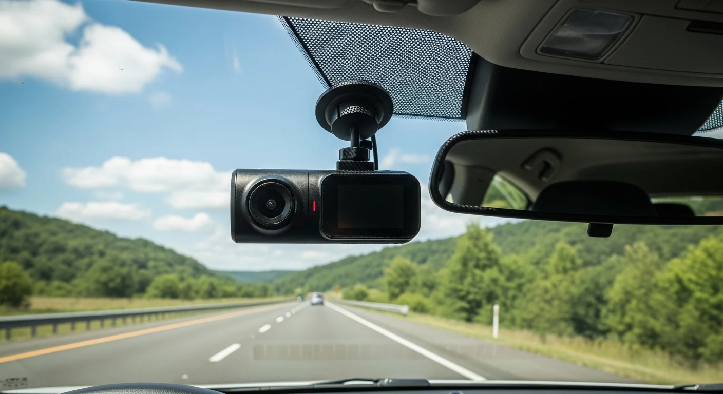Dashcam moderne fixee au pare-brise d'une voiture avec la route visible a travers le pare-brise