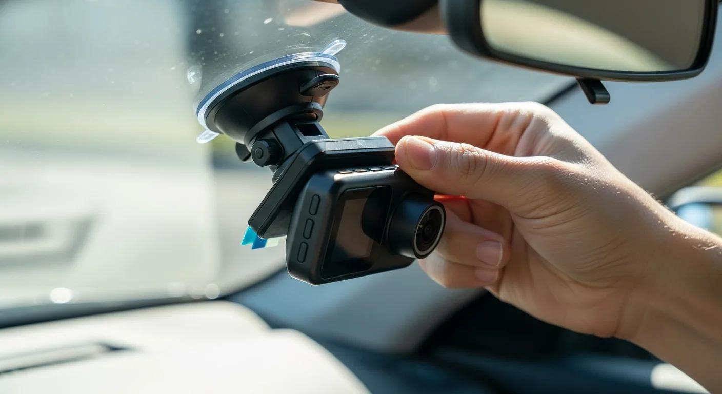 Mains installant une dashcam sur le pare-brise d'une voiture avec un support