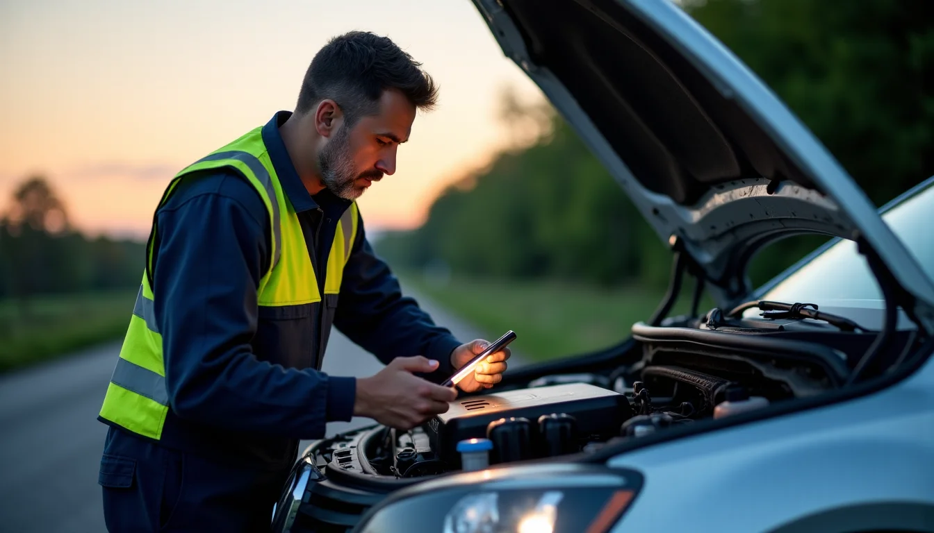 Dépanneur en gilet de sécurité réalisant un diagnostic sous le capot d’une voiture en panne