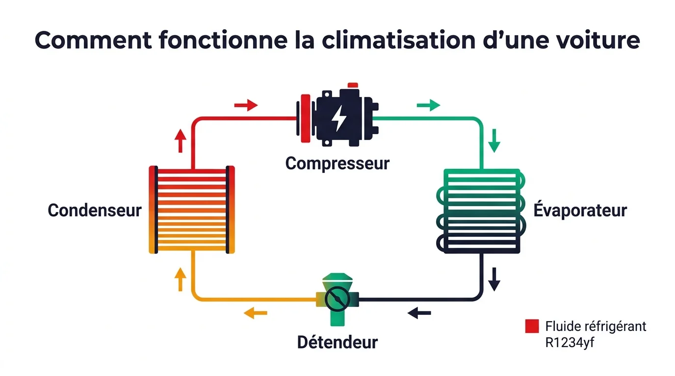 Schéma du circuit de climatisation automobile : compresseur, condenseur, détendeur, évaporateur et fluide R1234yf