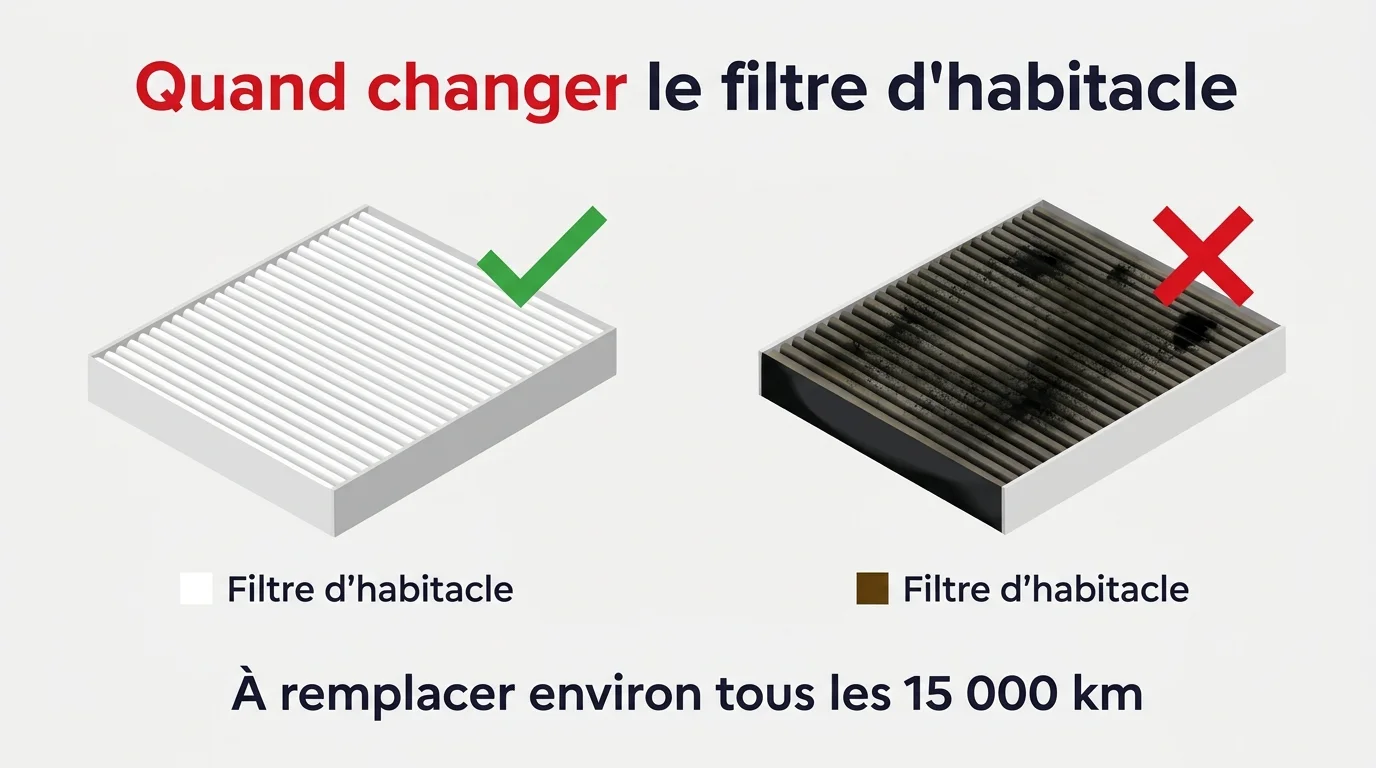 Filtre d'habitacle propre et encrassé, à remplacer environ tous les 15 000 kilomètres