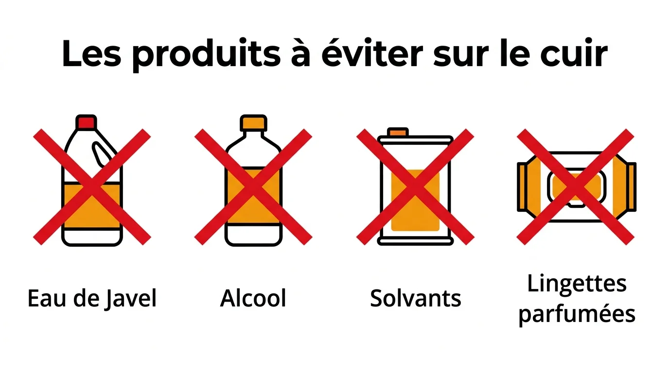 Produits à éviter sur le cuir automobile : eau de Javel, alcool, solvants, lingettes parfumées