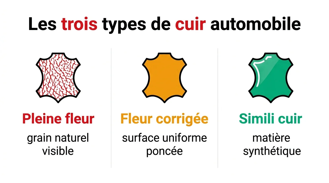 Comparatif des trois types de cuir automobile : pleine fleur, fleur corrigée, simili cuir
