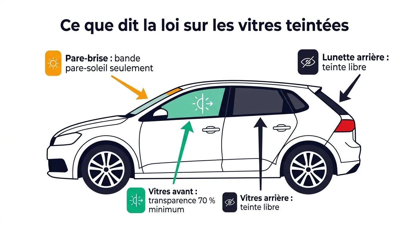 Infographie de la réglementation française sur les vitres teintées de voiture
