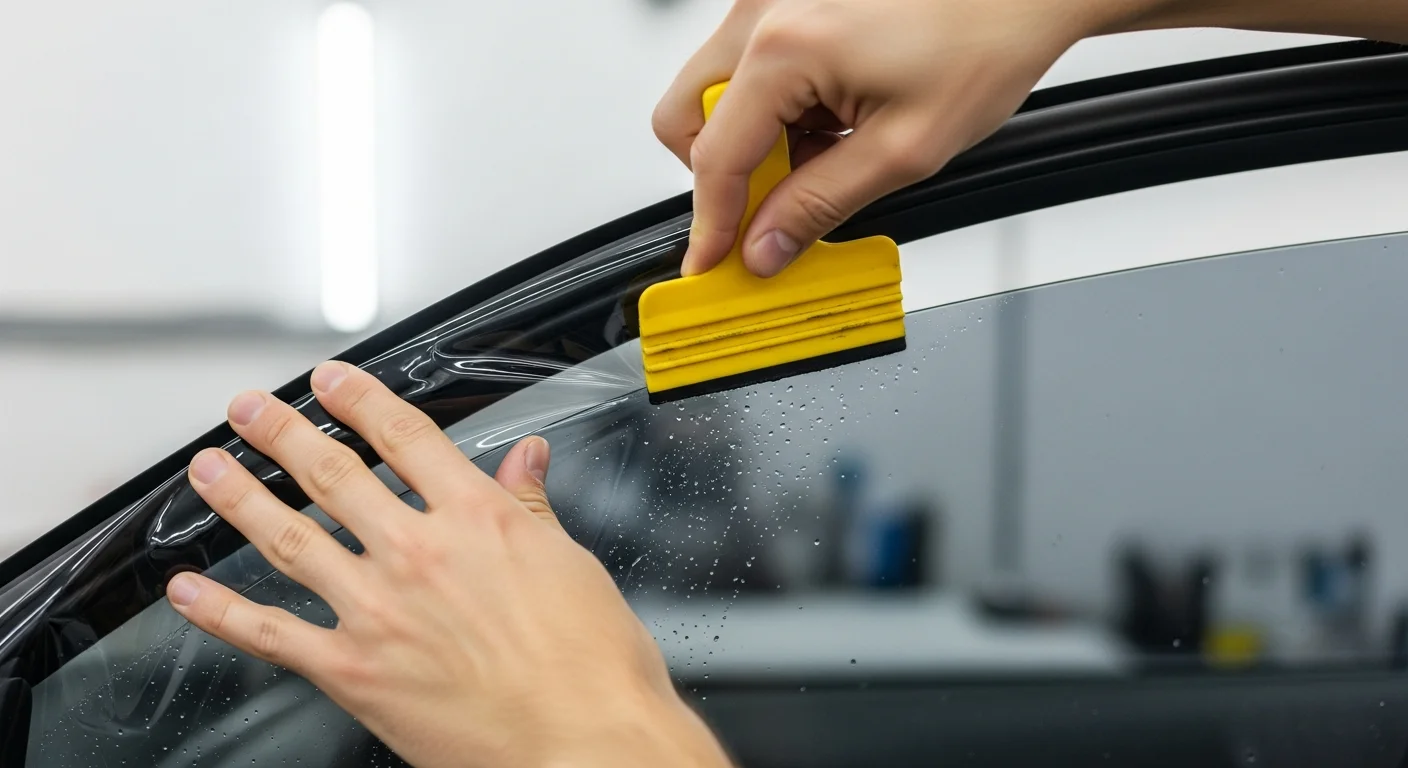 Pose d'un film solaire sur une vitre de voiture avec une raclette en atelier