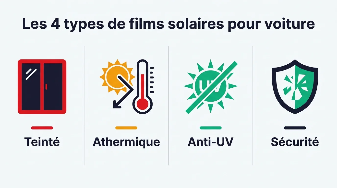 Les quatre types de films solaires pour vitres de voiture : teinté, athermique, anti-UV, sécurité
