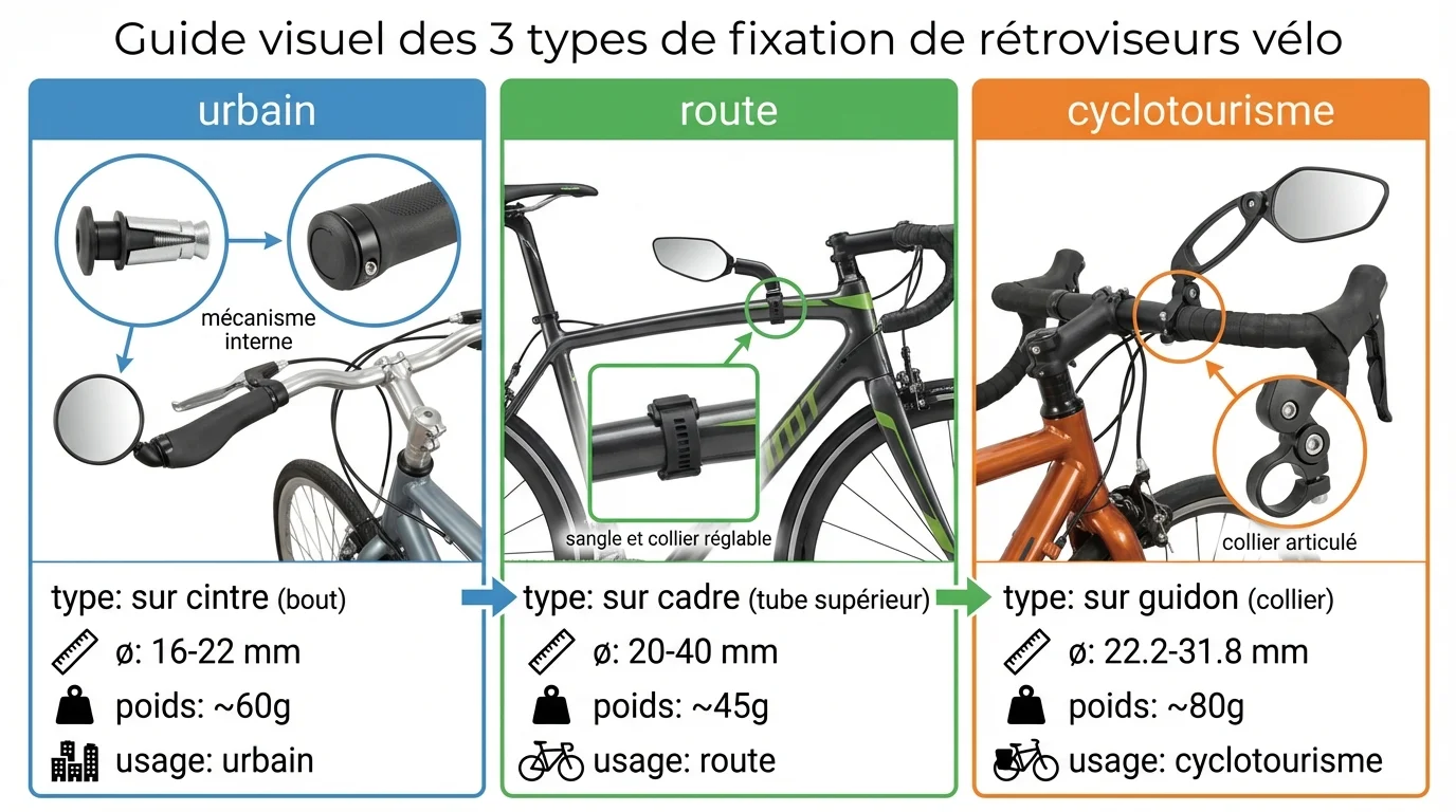 Guide visuel des 3 types de fixation de rétroviseurs vélo
