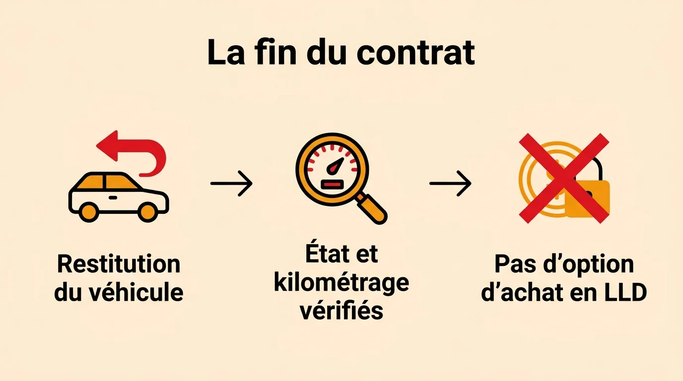 La fin d'un contrat de LLD : restitution du véhicule, état et kilométrage vérifiés, pas d'option d'achat