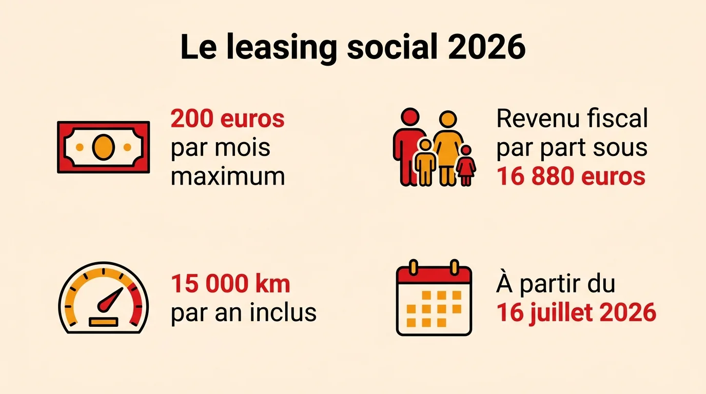 Le leasing social 2026 : 200 euros par mois maximum, revenu fiscal par part sous 16 880 euros, 15 000 km par an inclus, à partir du 16 juillet 2026