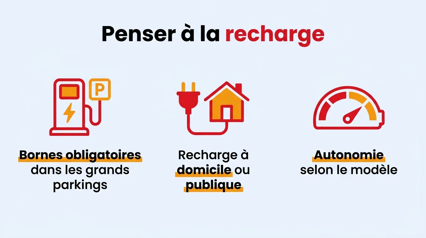 Penser à la recharge en location : bornes obligatoires dans les grands parkings, recharge à domicile ou publique, autonomie selon le modèle
