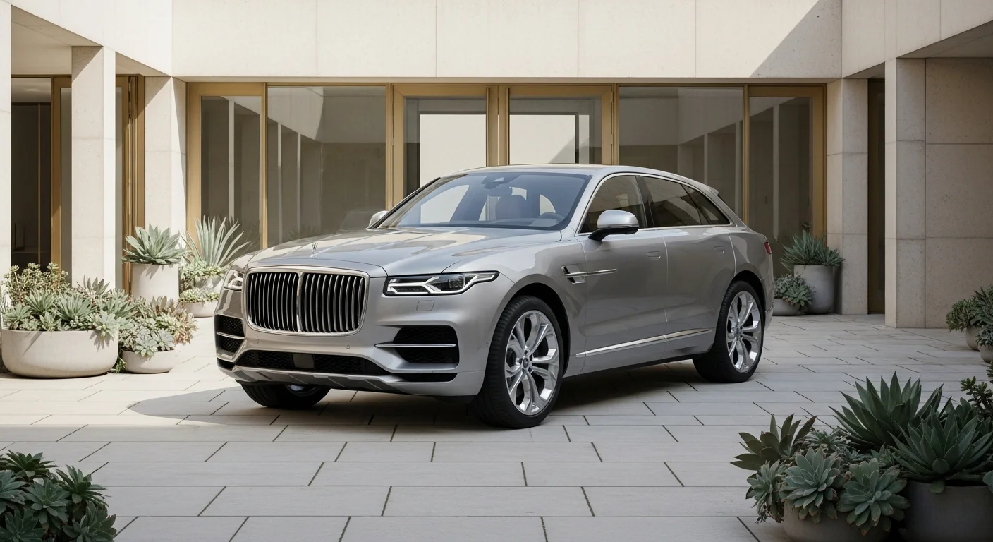 SUV de luxe vue de trois quarts avant dans une cour d'agence de location haut de gamme