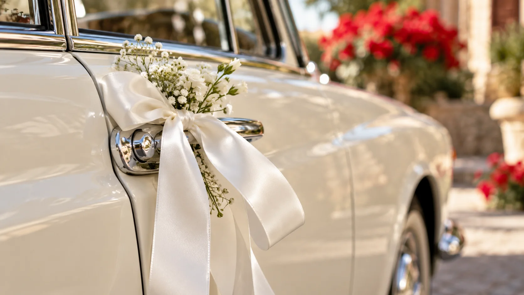 Ruban de satin blanc et petit bouquet de fleurs blanches noués sur la poignée chromée d'une voiture ancienne crème