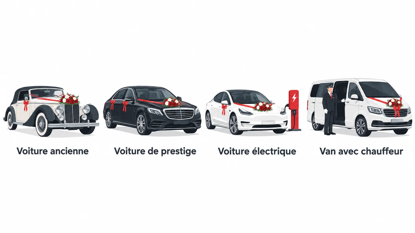 Quatre types de véhicules de mariage : voiture ancienne, voiture de prestige, voiture électrique et van avec chauffeur