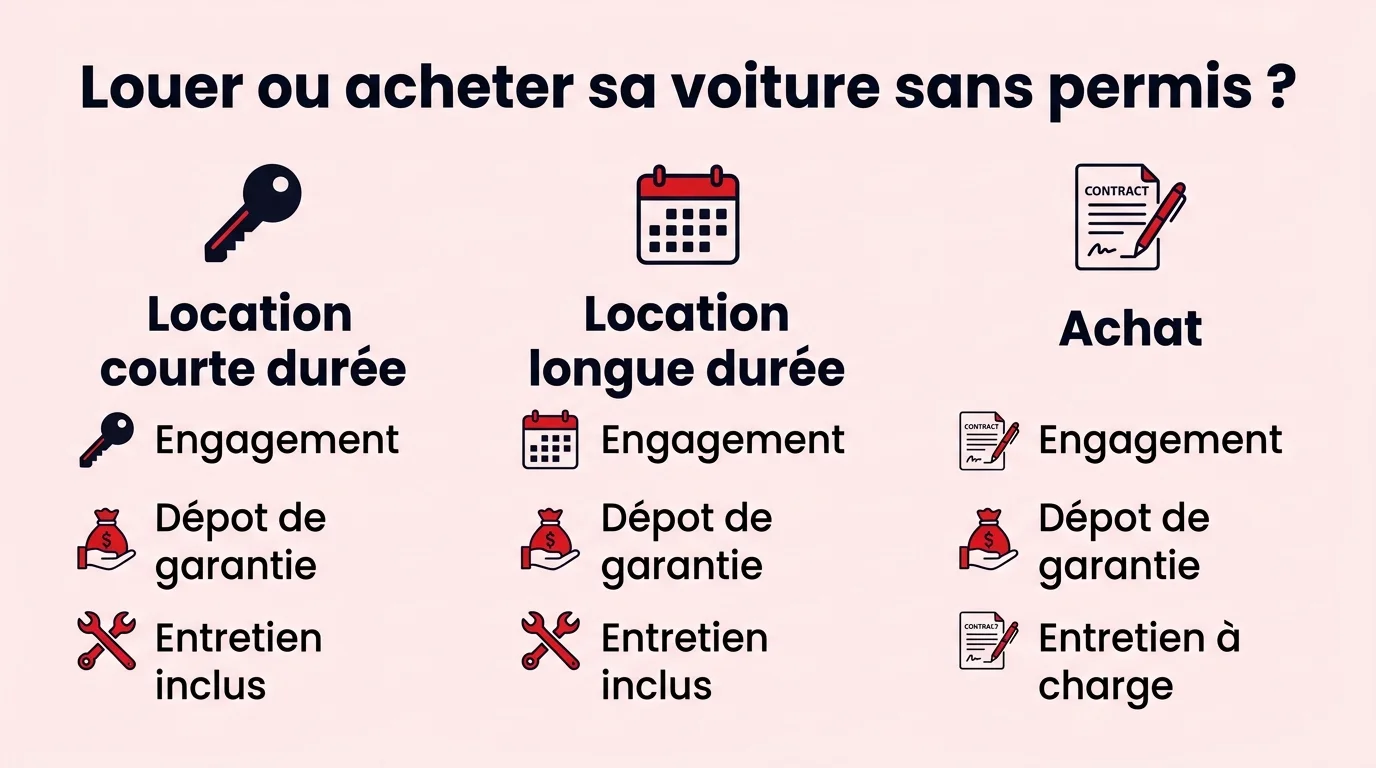 Comparatif location courte durée, longue durée et achat d'une voiture sans permis