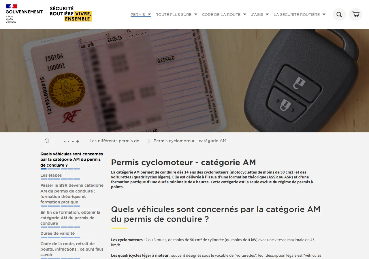 Page officielle de la Sécurité routière sur le permis cyclomoteur catégorie AM