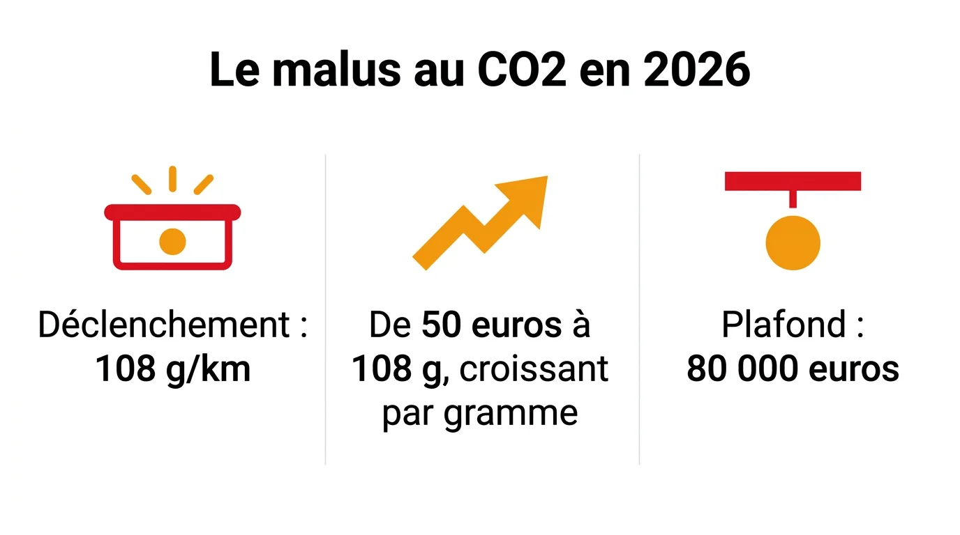 Le malus au CO2 en 2026 : déclenchement à 108 g/km, de 50 € croissant par gramme, plafond de 80 000 €
