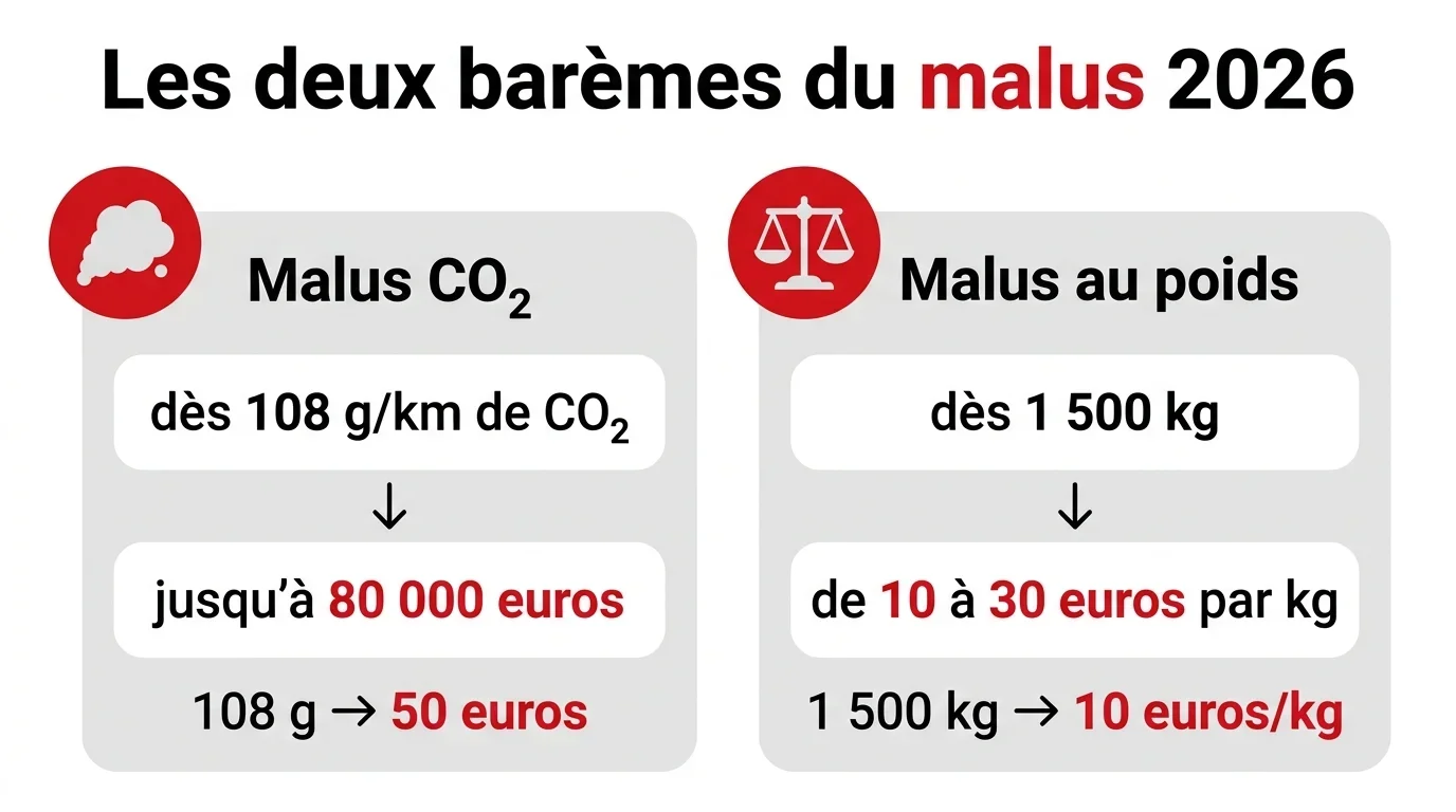 Les baremes 2026 du malus CO2 (des 108 g/km) et du malus au poids (des 1 500 kg)