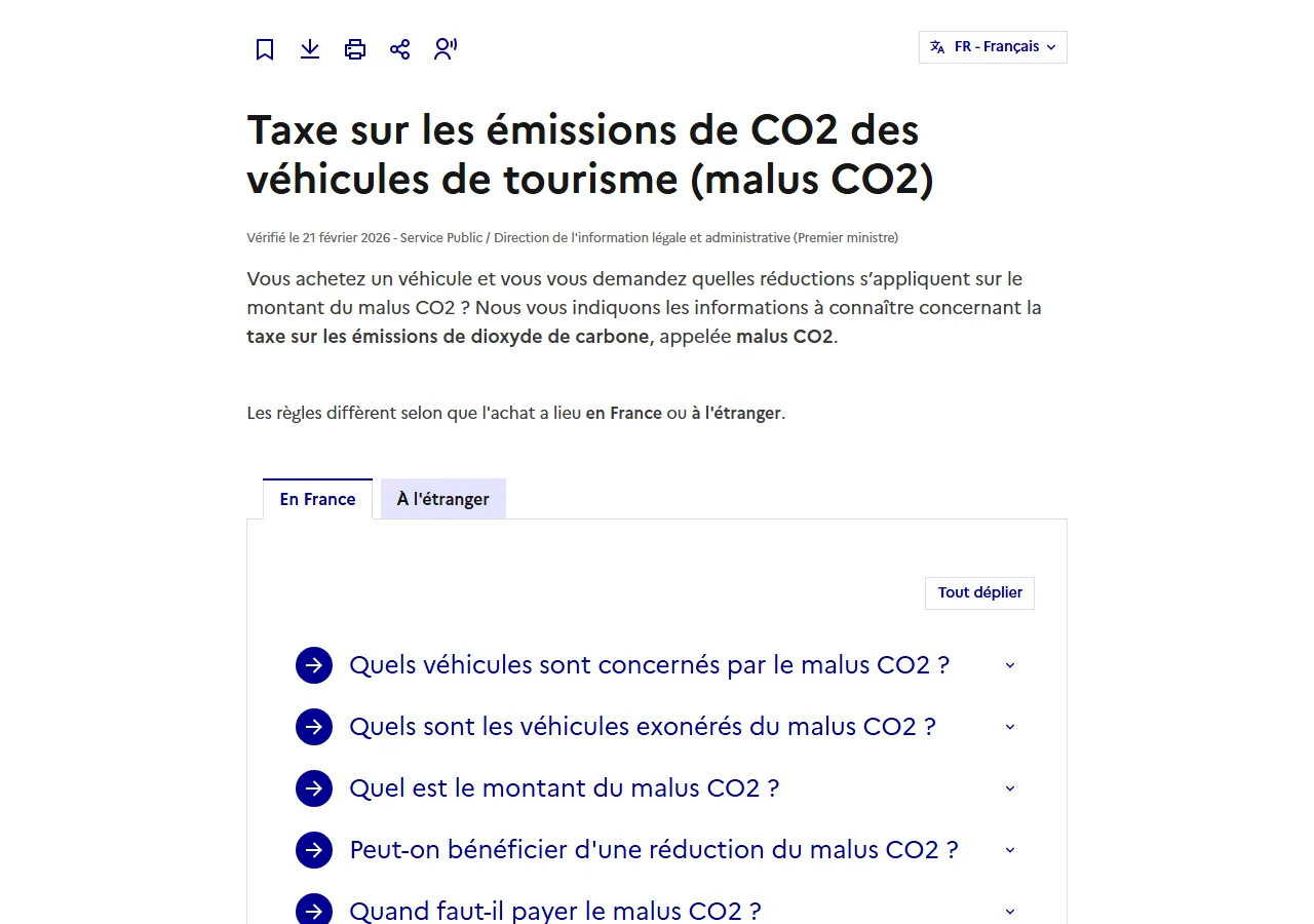 Page service-public.fr sur la taxe malus CO2 pour un vehicule d'occasion