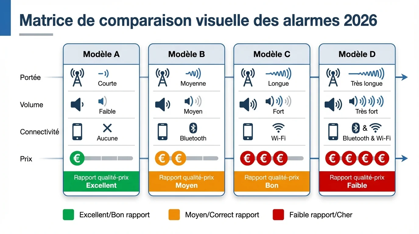 Matrice de comparaison visuelle des alarmes 2026