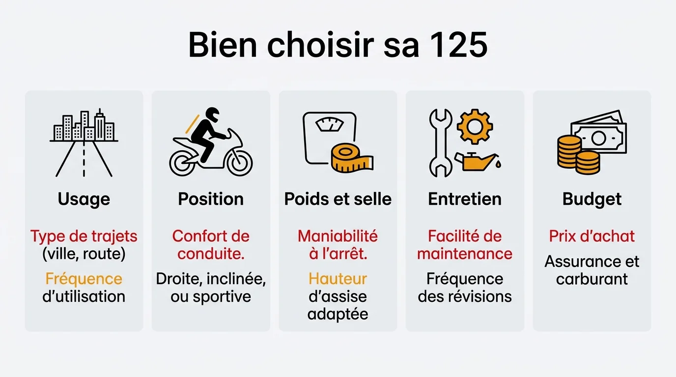 Les cinq critères pour bien choisir sa moto 125 : usage, position, poids et selle, entretien, budget