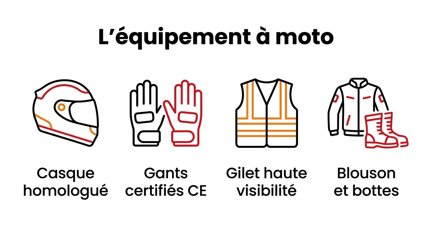 L'équipement à moto : casque homologué, gants certifiés, gilet de haute visibilité, blouson