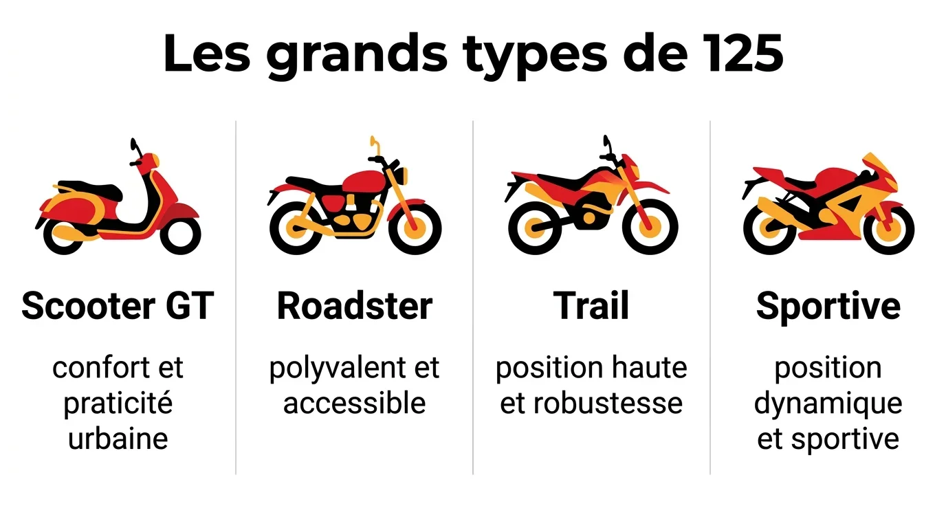 Les quatre grands types de moto 125 : scooter GT, roadster, trail et sportive
