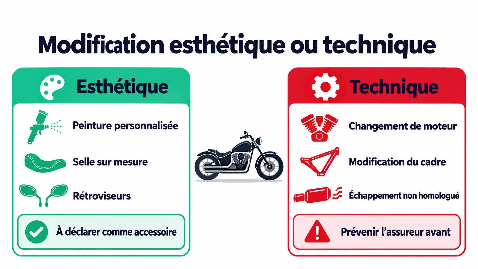 Infographie : modification esthétique (à déclarer comme accessoire) ou technique (prévenir l'assureur avant) sur une moto custom