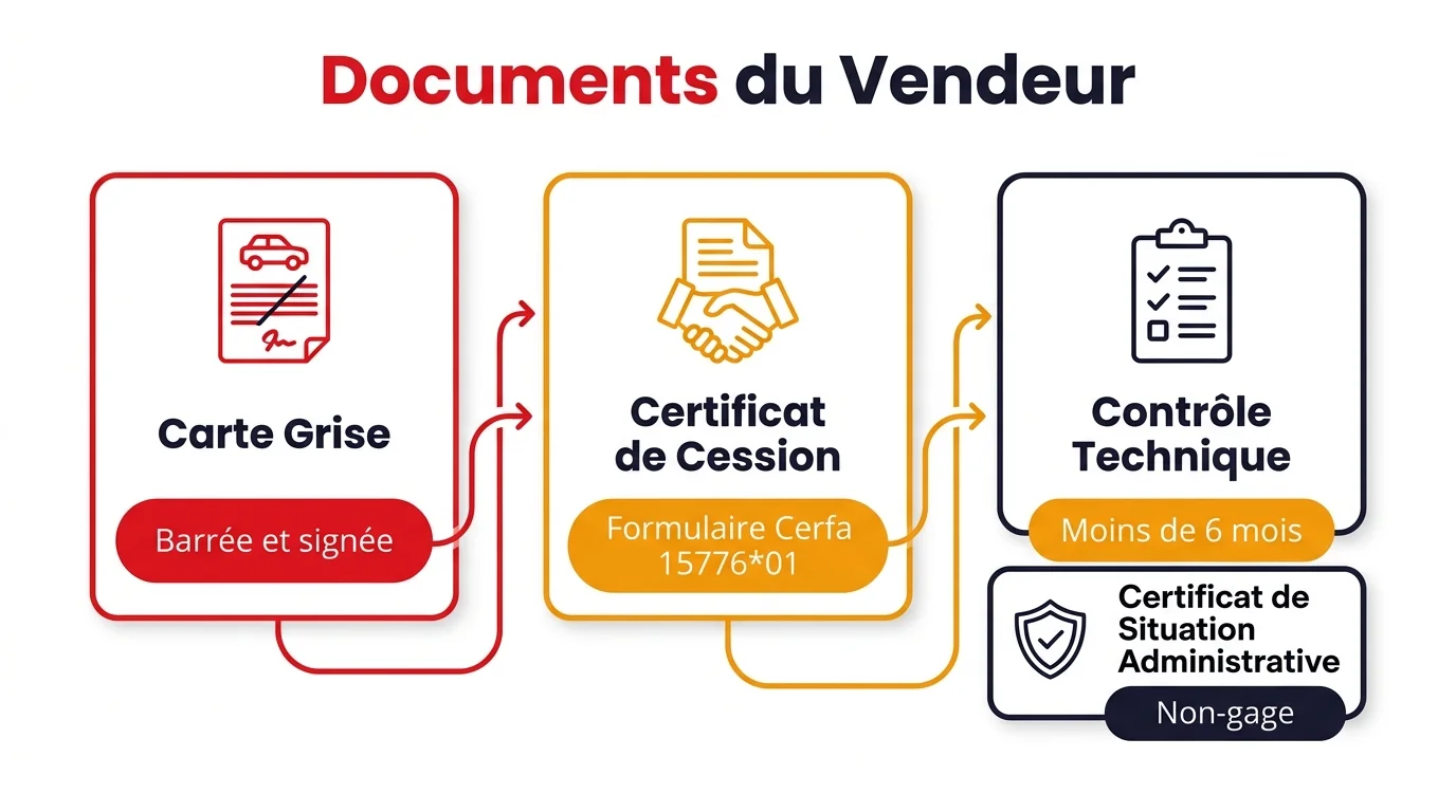 Infographie des documents obligatoires du vendeur pour la vente d'une voiture d'occasion