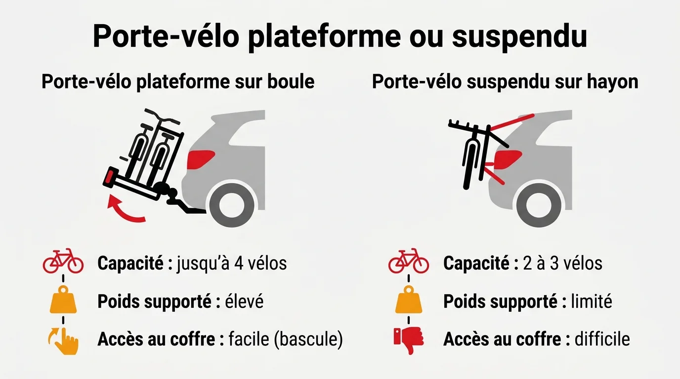 Comparaison entre un porte-vélo plateforme et un porte-vélo suspendu sur attelage
