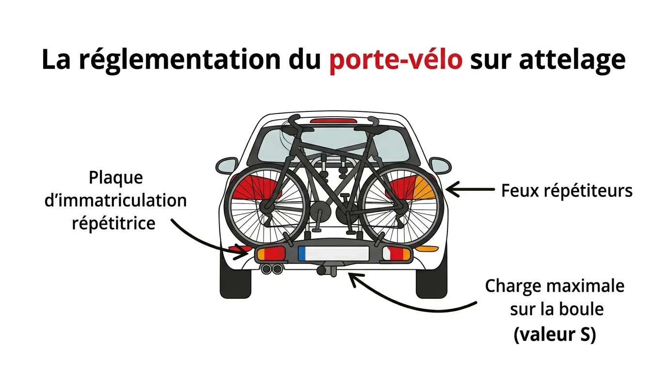 Réglementation du porte-vélo sur attelage : plaque d'immatriculation et feux répétiteurs obligatoires