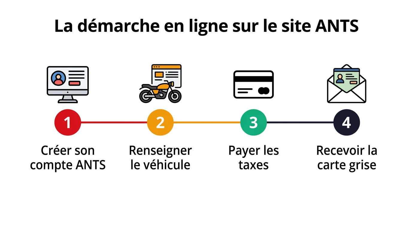 Les quatre étapes de la démarche d'immatriculation moto en ligne sur le site de l'ANTS